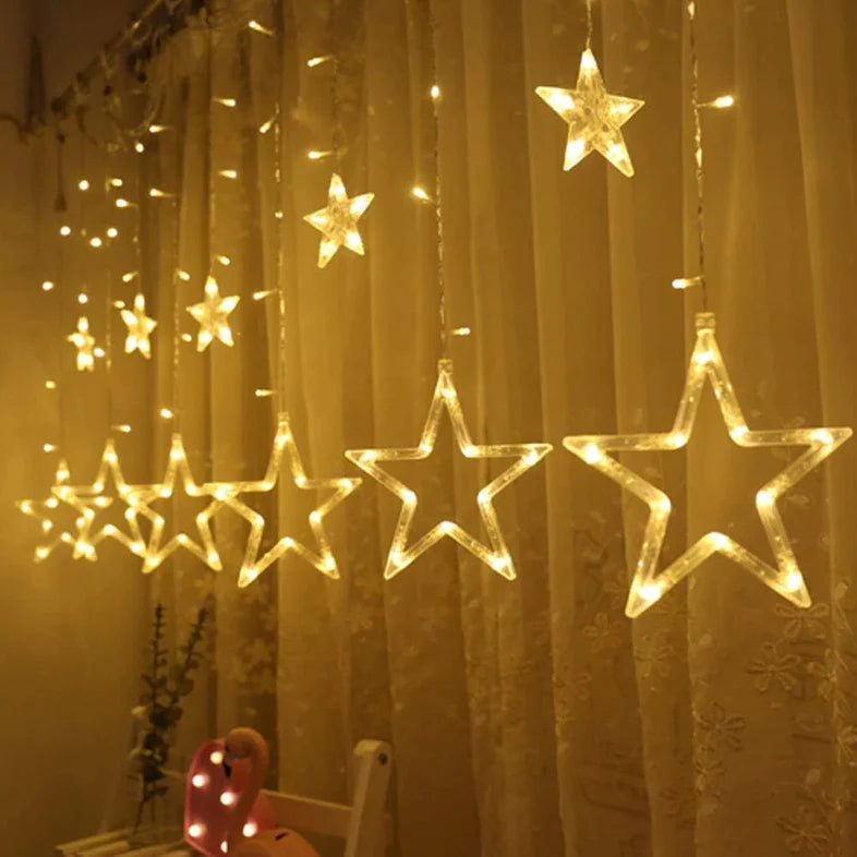 12 STARS LED CURTAIN STRING LIGHTS WITH 8 FLASHING MODES FOR HOME DECORATION, DIWALI & WEDDING LED CHRISTMAS LIGHT INDOOR AND OUTDOOR LIGHT ,FESTIVAL DECORATION (WARM WHITE)