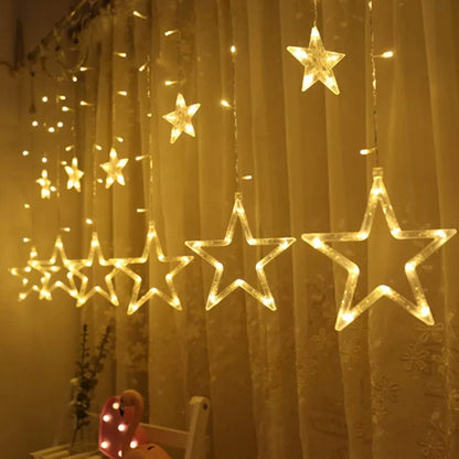 12 STARS LED CURTAIN STRING LIGHTS WITH 8 FLASHING MODES FOR HOME DECORATION, DIWALI & WEDDING LED CHRISTMAS LIGHT INDOOR AND OUTDOOR LIGHT ,FESTIVAL DECORATION (WARM WHITE)