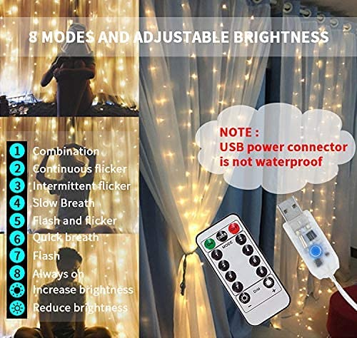 15 metres 8 Modes Curtain Lights 300 LEDs 10 Fairy Light 15 Mtr Each Indoor/Outdoor Decoration for Diwali, Christmas, Wedding, Party, Home, Patio Lawn with Remote and USB Power Supply (Warm White)