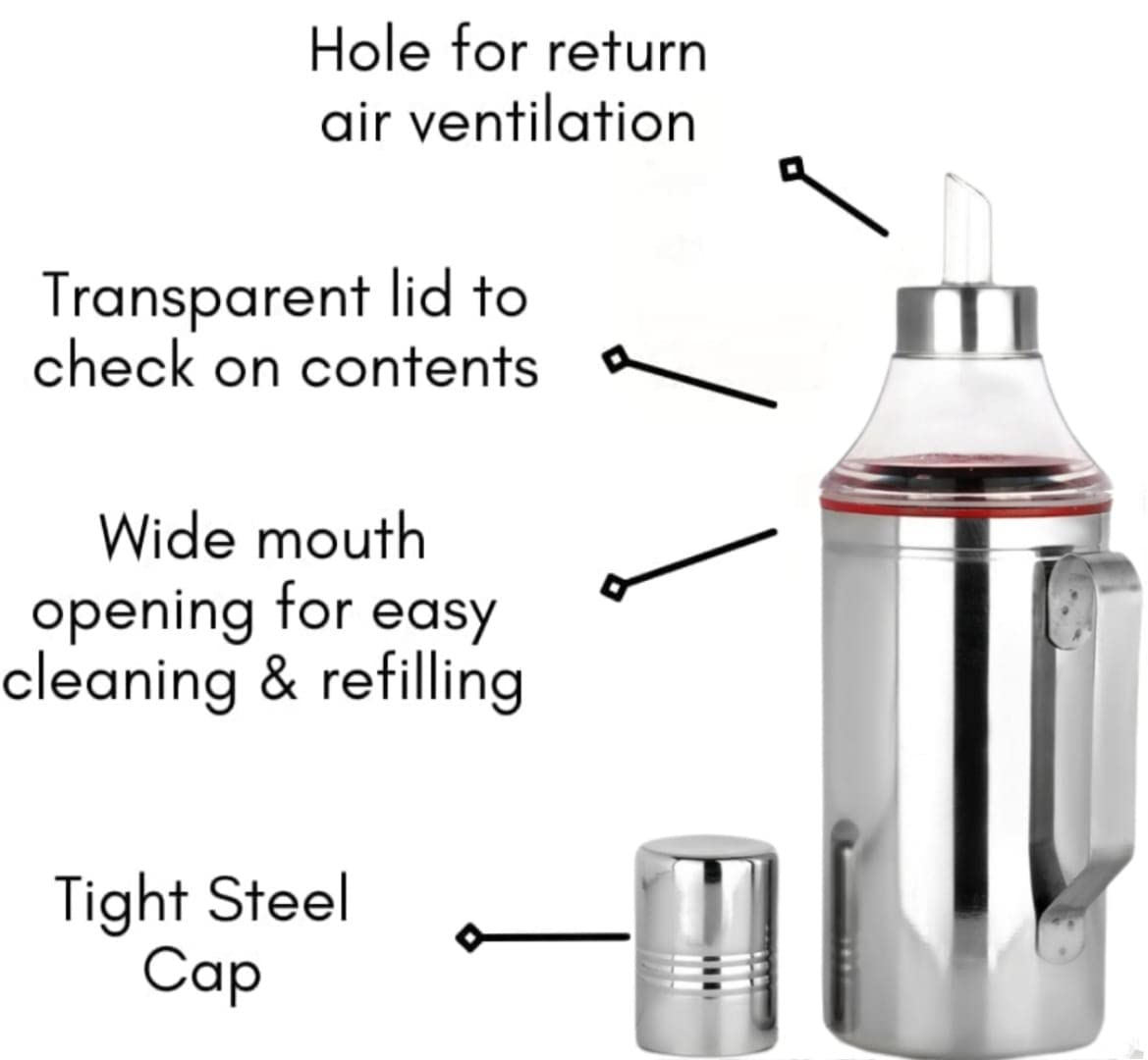 Pack of 2 Stainless Steel Oil Dispenser 1 Litre (1000 ml) | Oil Pourer | Oil Pot | Oil Can | Oil Container | Oil Bottle with Nozzle (With Handle, 1000 ml | Set of 1)