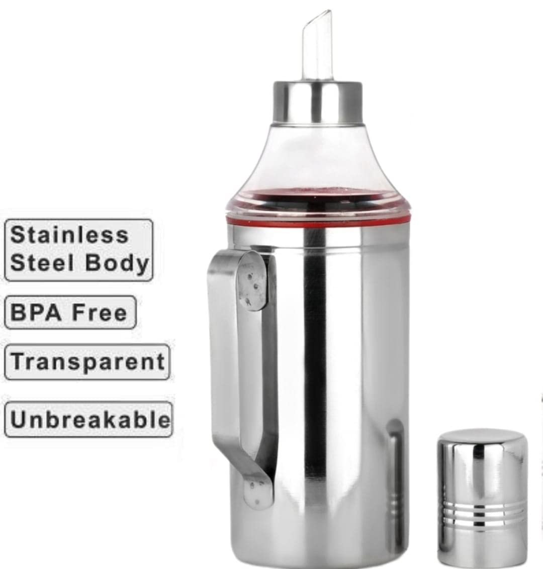 Pack of 2 Stainless Steel Oil Dispenser 1 Litre (1000 ml) | Oil Pourer | Oil Pot | Oil Can | Oil Container | Oil Bottle with Nozzle (With Handle, 1000 ml | Set of 1)