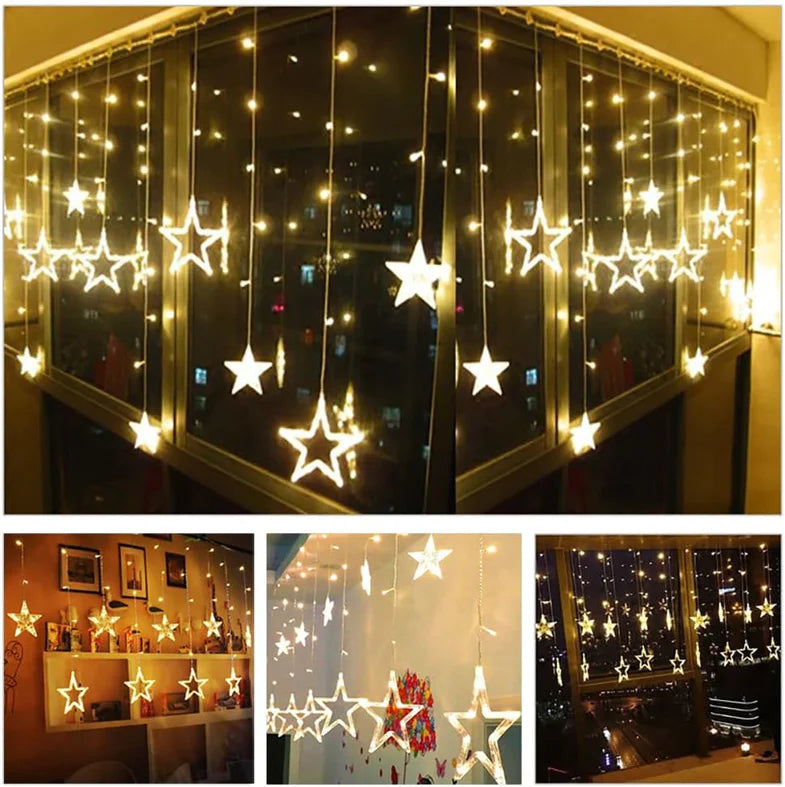 12 STARS LED CURTAIN STRING LIGHTS WITH 8 FLASHING MODES FOR HOME DECORATION, DIWALI & WEDDING LED CHRISTMAS LIGHT INDOOR AND OUTDOOR LIGHT ,FESTIVAL DECORATION (WARM WHITE)