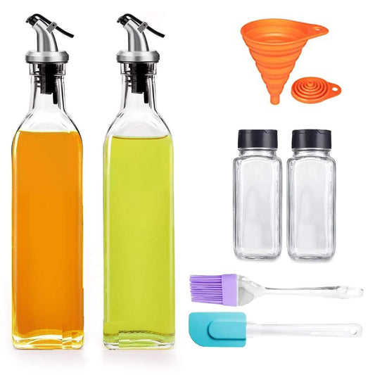 2 Glass Oil Dispenser +2 Spice jar Glass mini bottle +2  oil brush and spatula combo1 Folding funnel