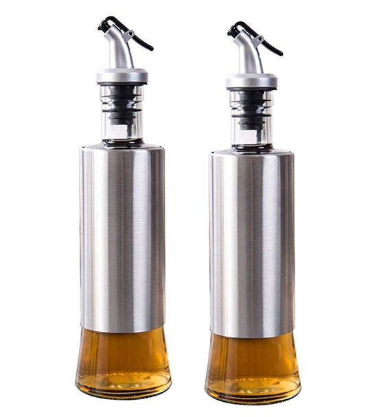 Pack of 2 Oil Dispenser with Steel Cover Seasoning Bottle/Glass Oil Bottle Leakproof Oiler Tank Household Stainless Steel Condiment Dispenser Steel 500ml (2) - Pack of 2