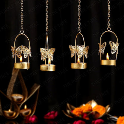 Aluminium Hanging Butterfly Tealight Candle Holders Combo Pack (Pack of 4)