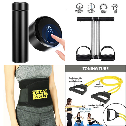 The Wild® Combo Offer Tummy Trimmer+ Toning tube + Sweat Belt +LED Temp Waterbottle(4 IN 1 Combo) Newyear Sale