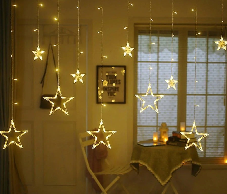 12 STARS LED CURTAIN STRING LIGHTS WITH 8 FLASHING MODES FOR HOME DECORATION, DIWALI & WEDDING LED CHRISTMAS LIGHT INDOOR AND OUTDOOR LIGHT ,FESTIVAL DECORATION (WARM WHITE)