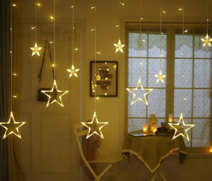 12 STARS LED CURTAIN STRING LIGHTS WITH 8 FLASHING MODES FOR HOME DECORATION, DIWALI & WEDDING LED CHRISTMAS LIGHT INDOOR AND OUTDOOR LIGHT ,FESTIVAL DECORATION (WARM WHITE)