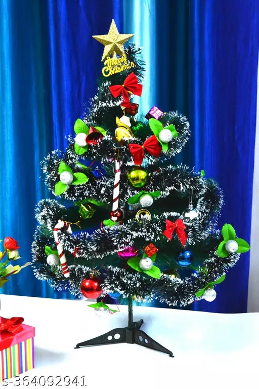 Decorated Christmas Tree, 2 Feet X-Mas Tree with 49 Pieces of Assorted Decoration Ornaments & Tinsel (Gift Boxes, Balls, Bells, Drums, Stars, Candy Sticks )