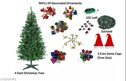 Own Box Mini Decorated Christmas Tree, 4 Feet X-Mas Tree With 90 Pieces of Assorted Decor Ornaments & 2 Free Santa Cap (Balls, Bells, Drums, Stars, Candy Sticks ETC)