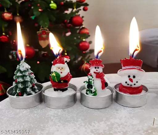 4 Piece Miniature Christmas Tea Light Candle Set Handmade Figures 1 Santa Claus, 2 Snowman, 1 Christmas Tree Candles, Christmas Home Decorations